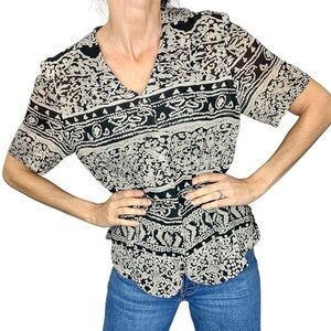 Vintage Un Jour Ailleurs Paris black beige chiffon short sleeve top blouse EU 42